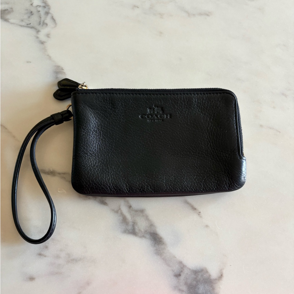 Coach Black Leather Zip Wristlet with Wrist Strap